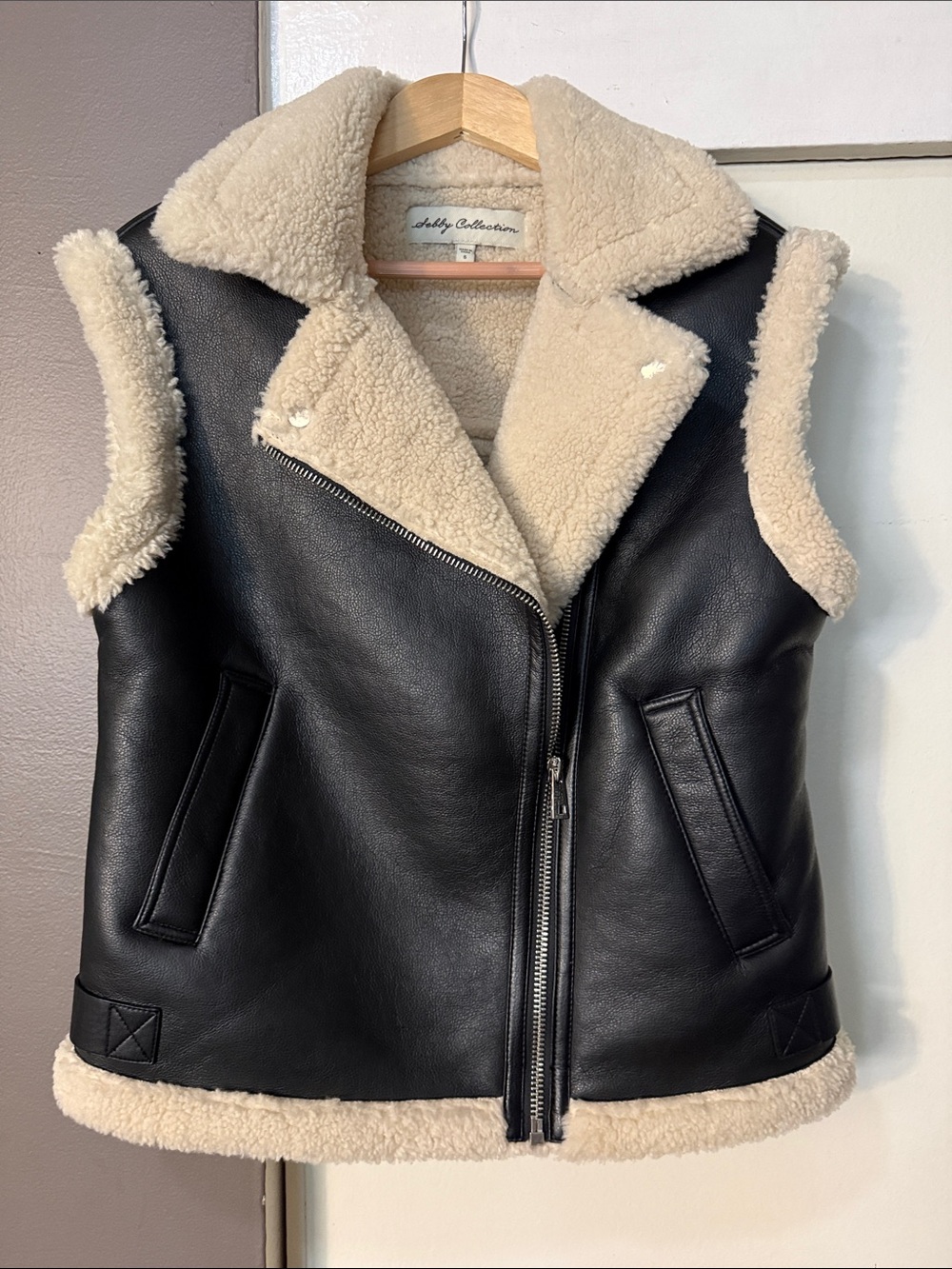 Faux Leather Shearling-Lined Vest - Black & Cream